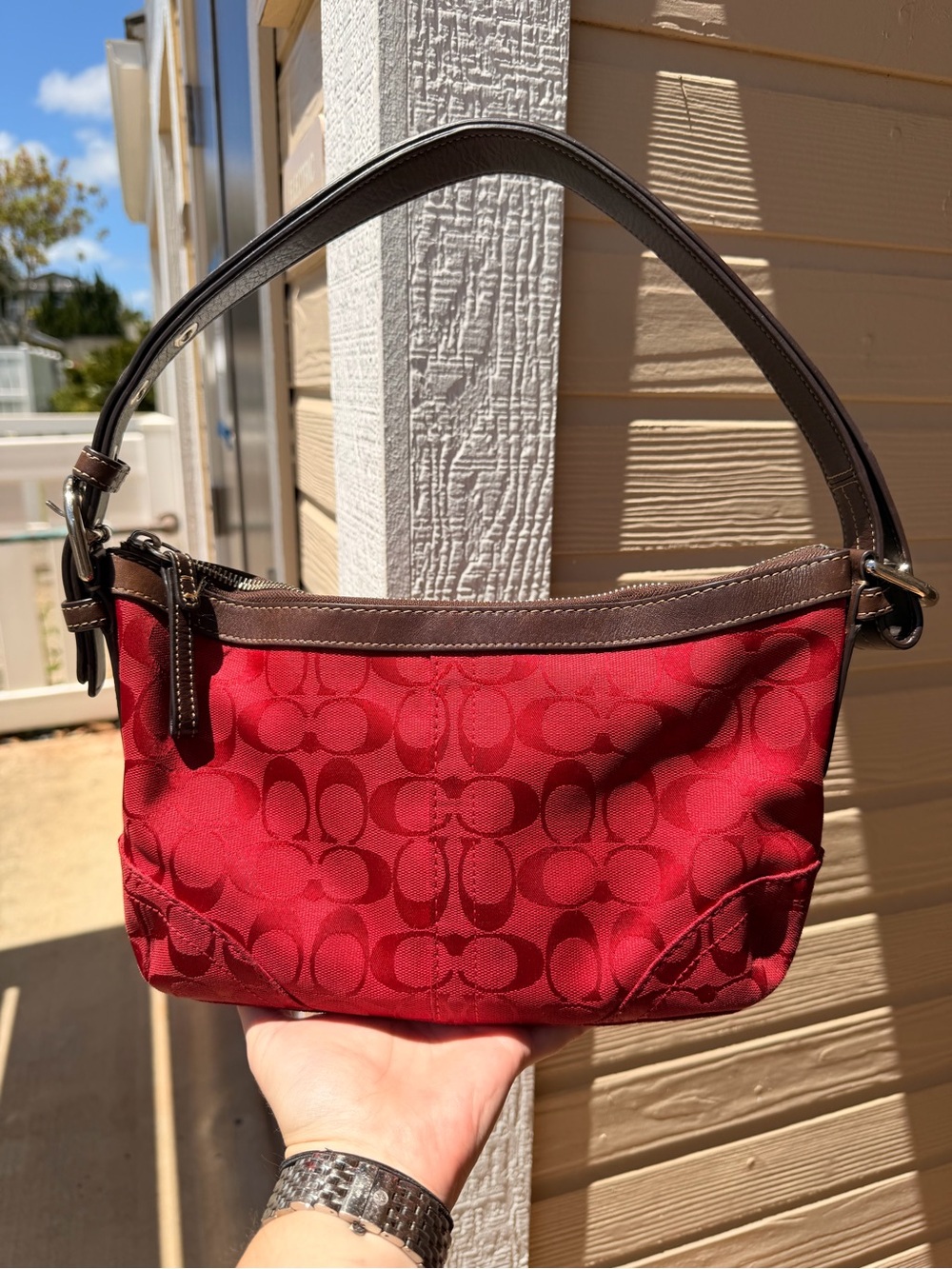 Coach Red Signature Jacquard Shoulder Bag with Brown Trim